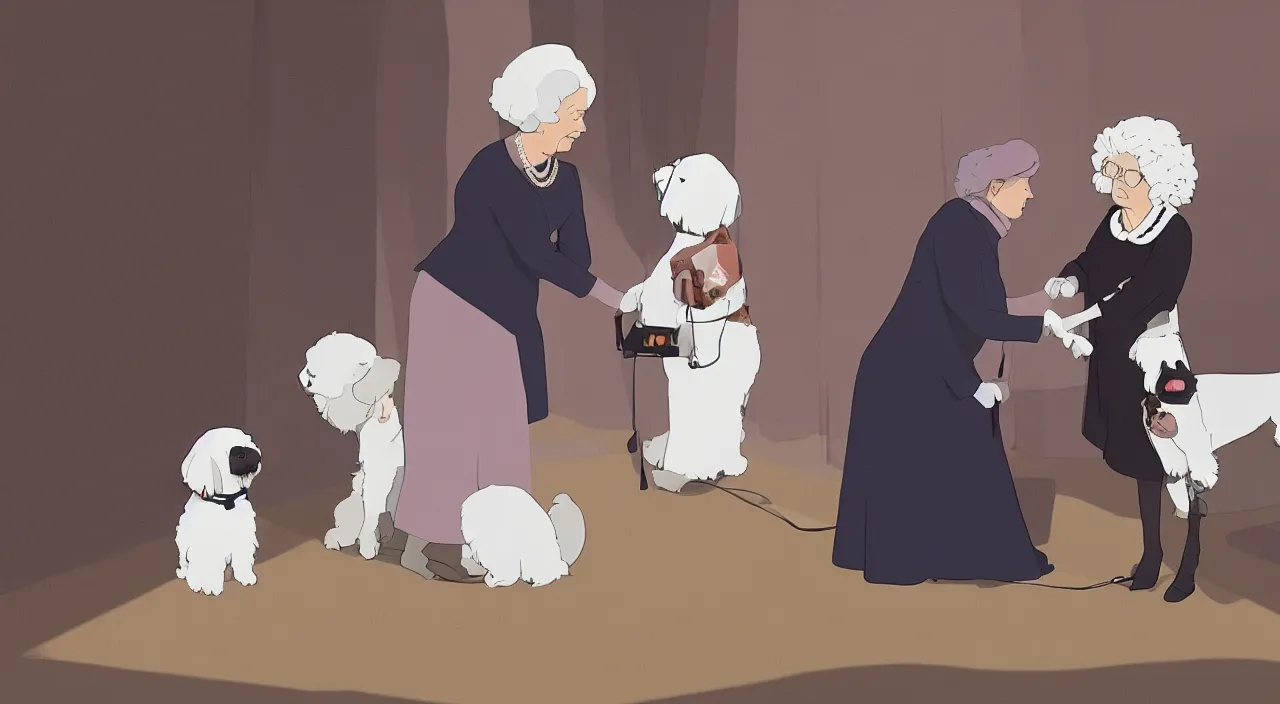 Prompt: queen of england placing a medal on the neck of a cream - colored havanese dog, england, 1 9 0 0, tartakovsky, atey ghailan, goro fujita, studio ghibli, rim light, happy, warm lighting, clear focus, very coherent