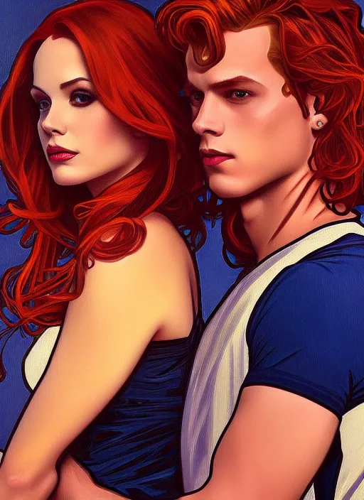 Image similar to oil portrait of cheryl blossom and jason blossom, intricate, elegant, highly detailed, lighting, painting, artstation, smooth, illustration, art by greg rutowski and alphonse mucha