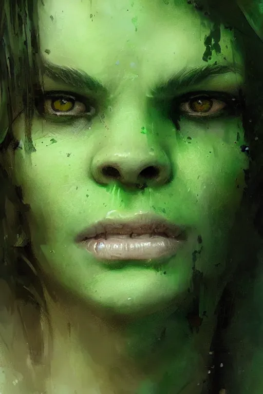 Image similar to green orc female, light green tone beautiful face, by greg rutkowski, by jeremy mann, digital painting