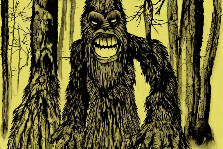 Image similar to mad bigfoot screaming in the woods artwork by ben templesmith