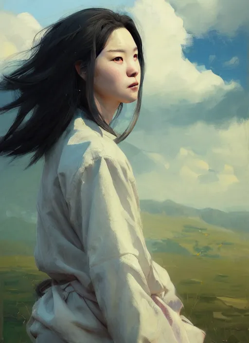 Image similar to portrait of Nezuko, countryside, calm, fantasy character portrait, dynamic pose, above view, sunny day, thunder clouds in the sky, artwork by Jeremy Lipkin and Giuseppe Dangelico Pino and Michael Garmash and Rob Rey, very coherent asymmetrical artwork, sharp edges, perfect face, simple form, 100mm