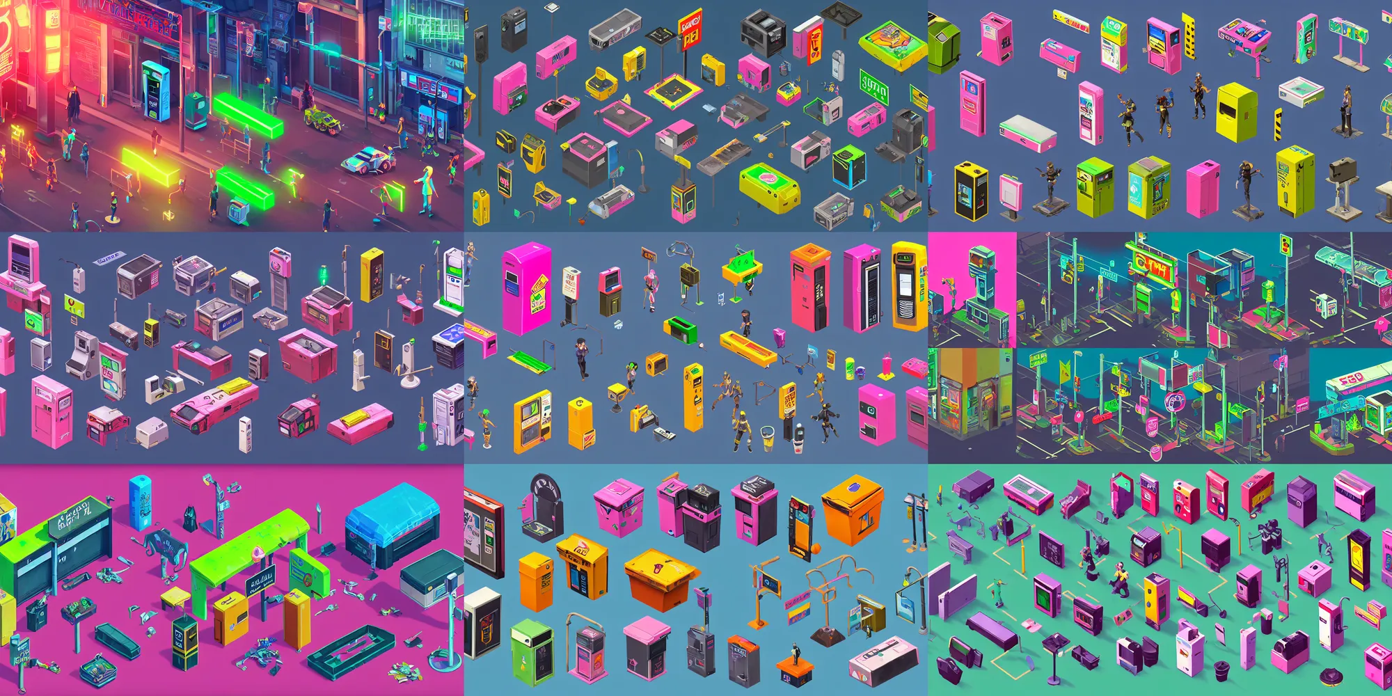 Prompt: game asset of the sims cyberpunk utensils of street furniture and decor, traffic light signs and electric pole and box, vending machines, console and computer, trash can, in gouache detailed paintings, props, stylized, 2 d sprites, kitbash, arcane, overwatch, blue and pink color scheme, 8 k, close up