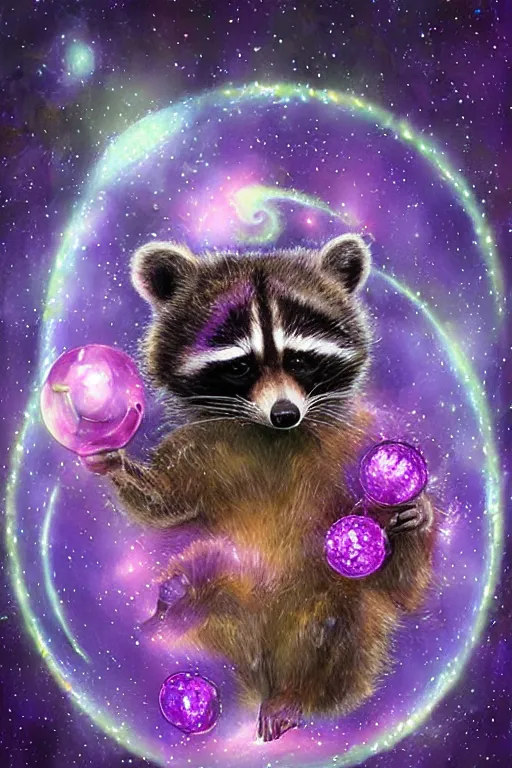 Image similar to purple stelar raccoon, fantasy tea dark and colorful, bright sparkling lights realistic night sky, stars, moon, bright crystal lanterns 3d, depth details In the art style of Victor Nizovtsev