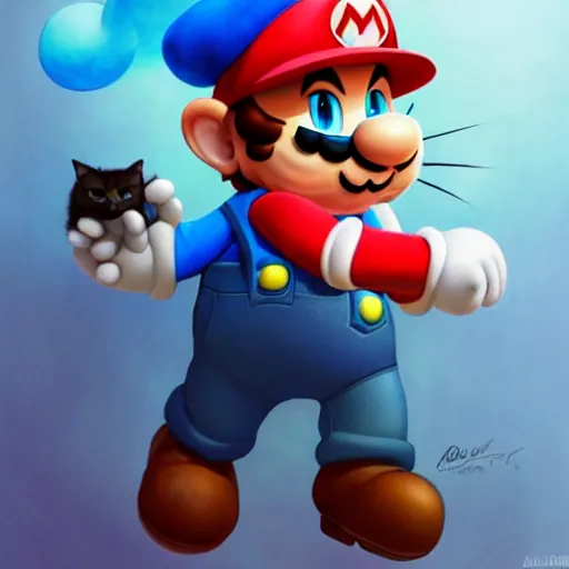 Image similar to Portrait of a Cat dressed as Super Mario, Mario hat, kawaii aesthetic, nintendo, highly detailed, digital painting, artstation, concept art, smooth, sharp focus, illustration, art by artgerm and greg rutkowski and alphonse mucha