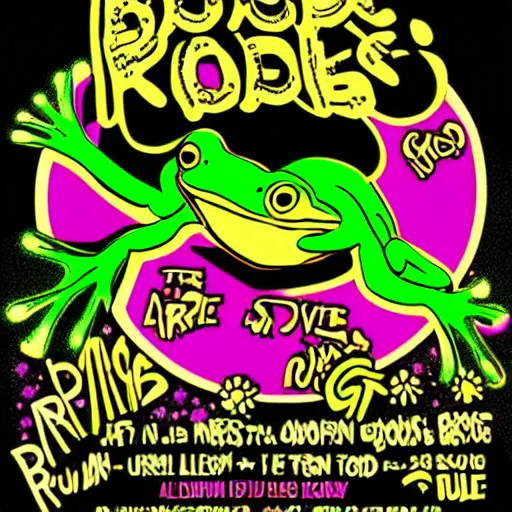 Image similar to frog rave poster, large bullfrog DJ, lots of frogs dancing on drugs, psychedelic, bright lights, loud music, intense club, cartoon, no text