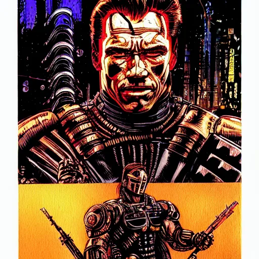Image similar to schwarzenegger as cyberpunk knight, atmospheric lighting, painted, intricate, golden hour, ultra detailed by philippe druillet