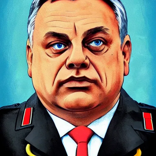 Image similar to slightly obese hungarian prime minister viktor orban wearing a ss uniform, highly detailed face, bright pastel colors, studio ghibli painterly style, trending on artstation, tarot card