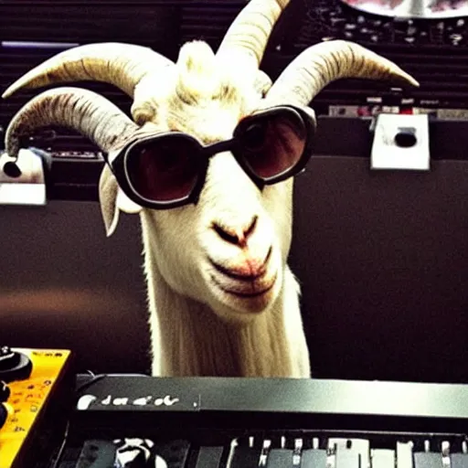 Prompt: a goat wearing sunglasses on the dj decks