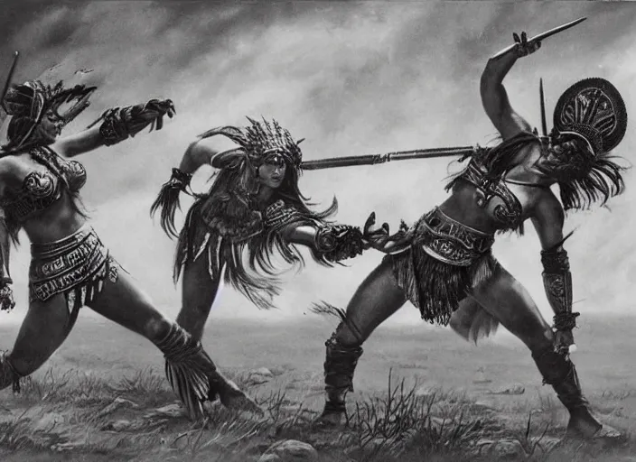 Image similar to Battlefield, two aztec warrior females fight, epic ,old photo, vintage, black and white, Boris vallejo, sepia