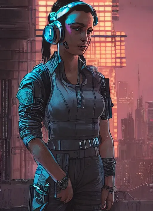 Image similar to Beautiful Maria. Gorgeous female cyberpunk mercenary wearing a cyberpunk headset, military vest, and jumpsuit. gorgeous face. Concept art by James Gurney and Laurie Greasley. Moody Industrial skyline. ArtstationHQ. Creative character design for cyberpunk 2077.