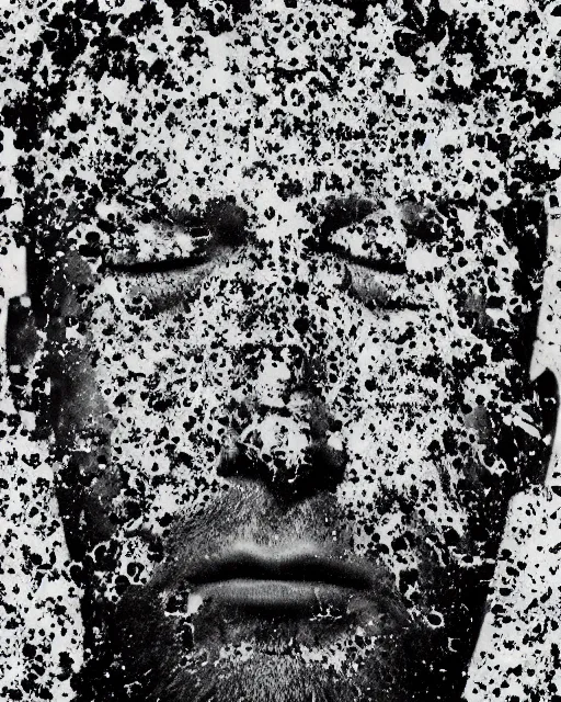 Image similar to oversaturated, burned, light leak, expired film, photo of a man's serene face submerged in a flowery milkbath, rippling liquid, vintage glow, sun rays, black and white, glitched pattern