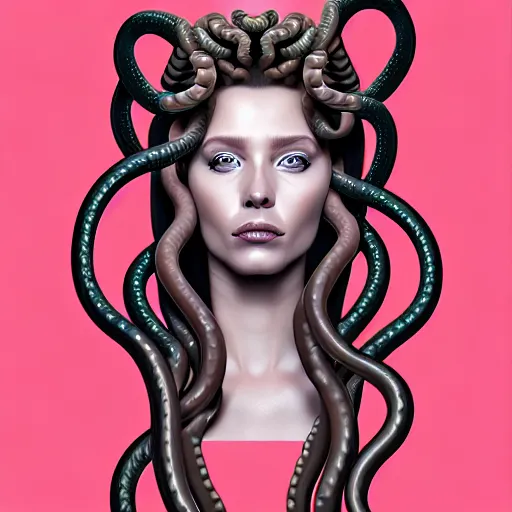 Image similar to portrait of medusa with long thin sausages instead of snakes, sausage hair, photorealistic, illustration, intricate details, masterpiece, digital art, trending on artstation