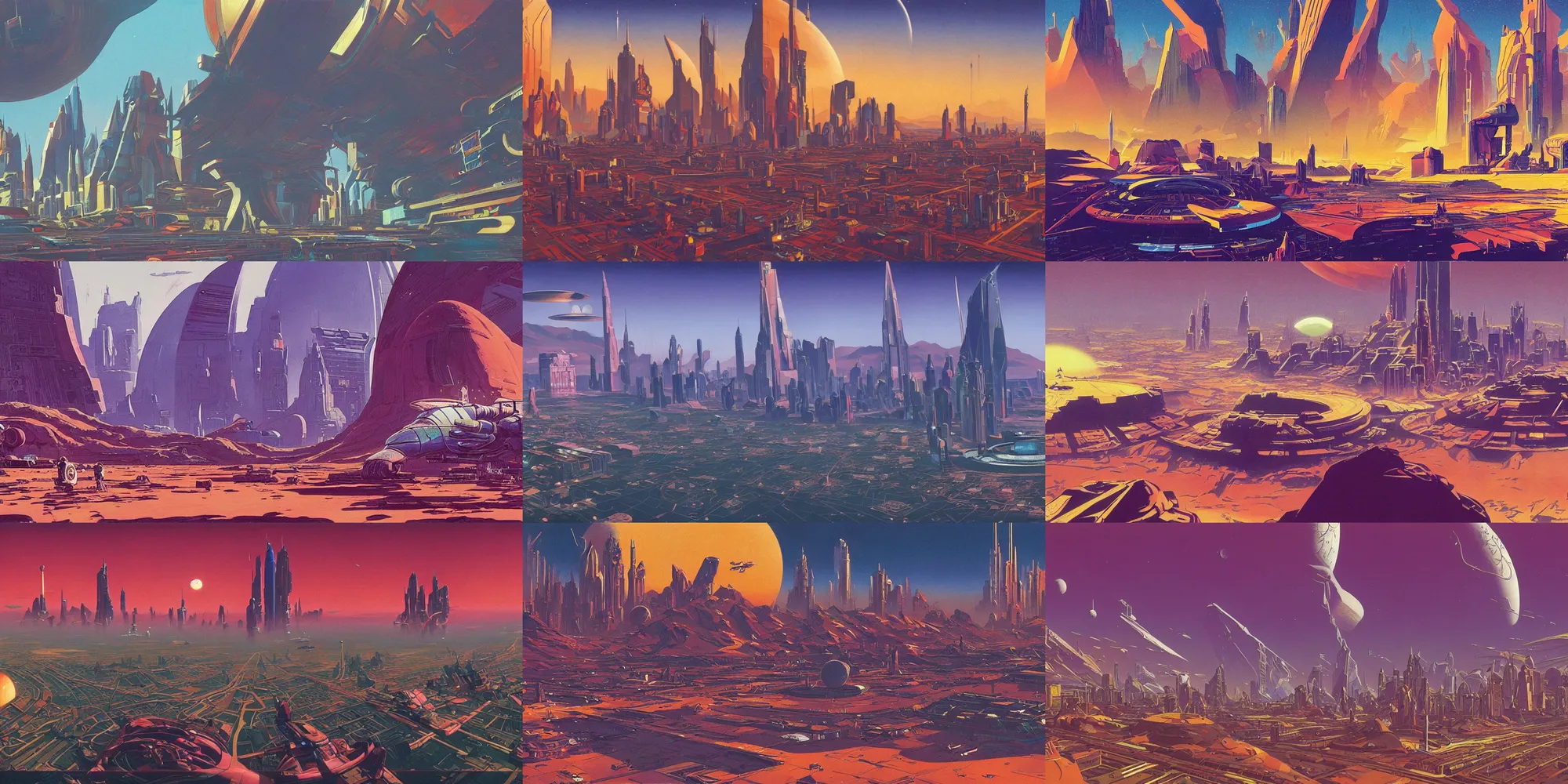 Prompt: cloisonnism view of megacity in no mans sky a masterpiece, moebius, syd mead, ralph mcquarrie