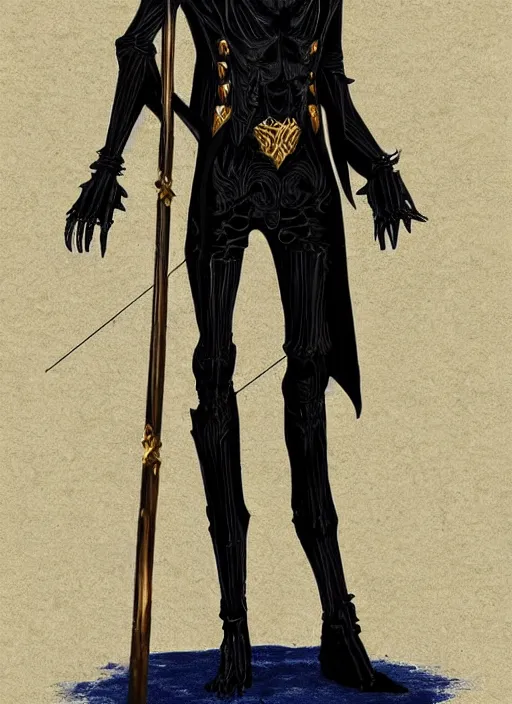 Image similar to DND character art, skeletal male figure, wearing a deep black suit!!! and tie and top hat, holding a gold! cane!, blue flames!!