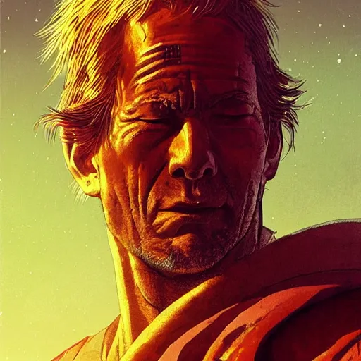 Prompt: Thomas Jane, an illustration of a worn out samurai that got time travelled to a futuristic colonized Mars, art by Ilya Kuvshinov, highly detailed, anime key visual, warm colors, epic landscape, HD digital art, artstation