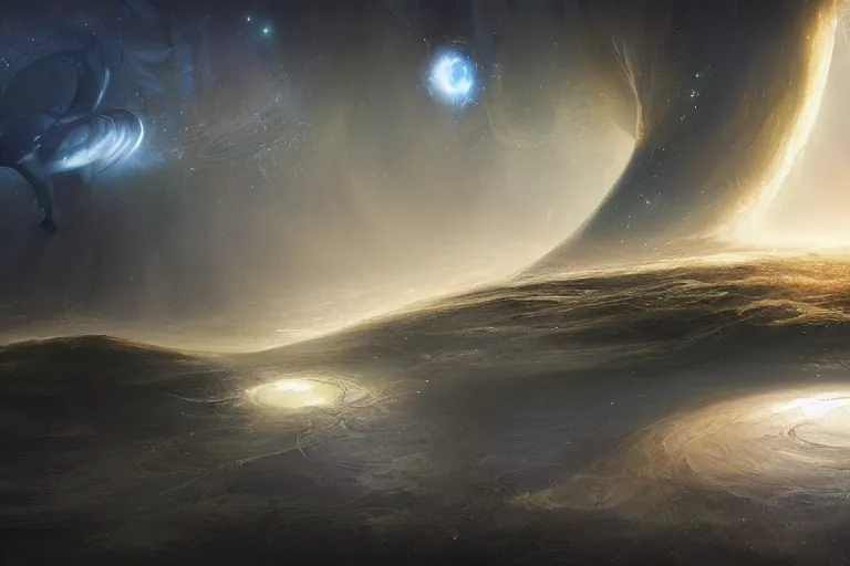 Prompt: genesis, the world is born from the pluck of a string, the vibrations bring order from chaos, every living thing is connected by a thread of fate, together they make a glorious song that creates a gnostic hyper-dream ascension of harmony and bliss throughout the universe amazing concept painting by Jessica Rossier