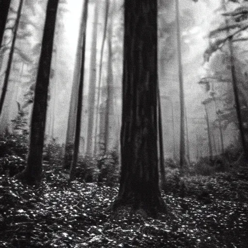 Prompt: a black and white blurry phone photo of a monster in a forest at night