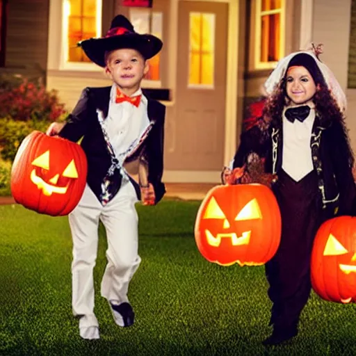 Prompt: kids trick - or - treating, halloween, costumes, night, realistic photo