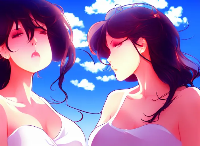 Image similar to two beautiful mothers outside on a hot summer evening, gorgeous faces, thick lines, cinematic lighting, detailed anime art