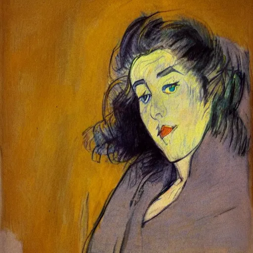 Image similar to beautiful woman, with long hair, black lips and yellow eyes, in the style of Toulouse-Lautrec photorealism 10K