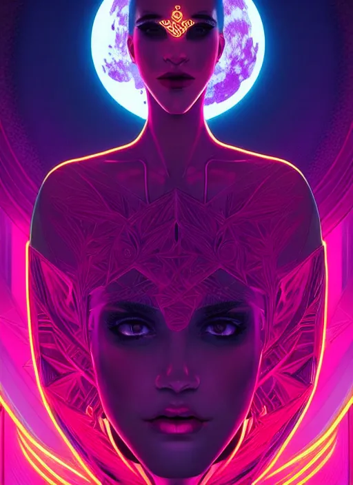 Image similar to high vector, neon lighting, book cover!!!!!!!!!!!!, warrior princess, large moon, light night, intricate, elegant, sharp focus, illustration, highly detailed, digital painting, concept art, matte, art by wlop and artgerm and ivan shishkin and andrey shishkin, masterpiece