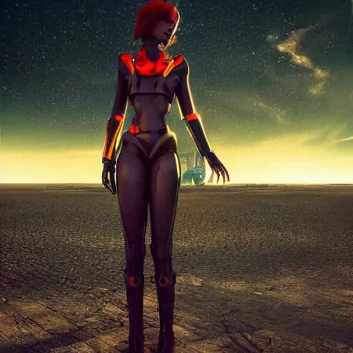 Prompt: beautiful android woman, standing in a barren wasteland, futuristic, chrome and colorful, photo - realistic, ray tracing, 3 d shading, octane render, popular on art station