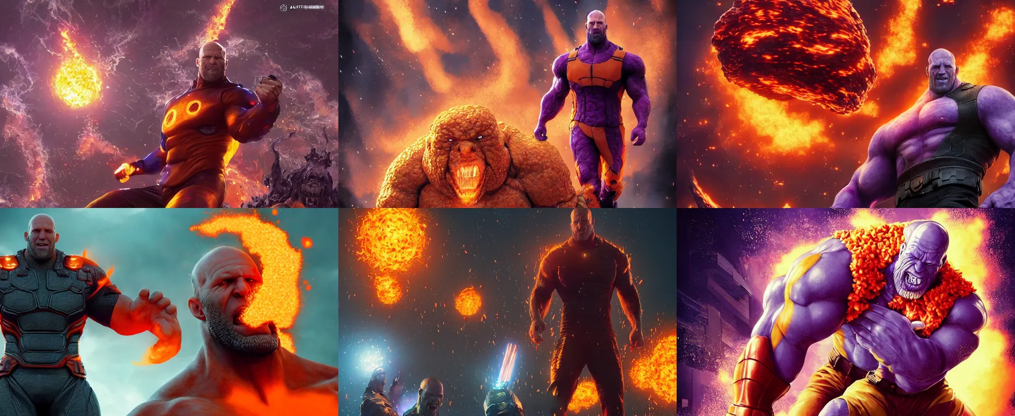 Prompt: ultrarealistic giant jason statham thanos wearing orange monster chicken suit ultimate attack in tokyo by yusuke murata, explosions, octane render, character concept art, movie action still frame, cinematic lighting, volumetric lighting, extreme intricate details, artstation, dnd art, cgsociety, sharp focus, ultra wide angle, digital painting by artgerm, gerald brom, wlop