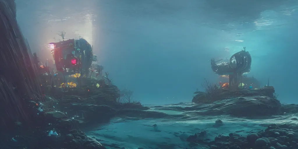 Prompt: Modern underwater architecture by Simon Stålenhag and Thomas Kinkade and Greg Rutkowski, trending on artstation, 4k