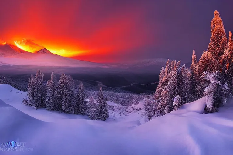 Image similar to amazing landscape photo of nuclear explosion in snowy mountains at sunset by marc adamus beautiful dramatic lighting