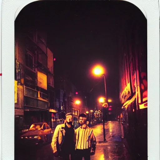 Image similar to polaroid of punks on the lower east side, colorful, nighttime, raining!