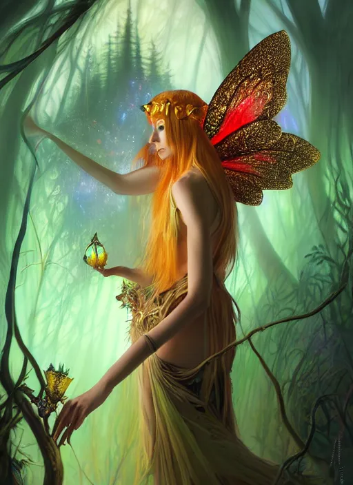 Image similar to stunningly beautiful female faerie priestess in amanita muscaria forest landscape, symmetrical wings on back, neon hair, fantasy art, wearing a dress of gossamer gold, inner glow, dark light night, face by otto schmidt, sharp focus, digital painting, 4 k, concept art, art by greg rutkowski and alphonse mucha, brom,