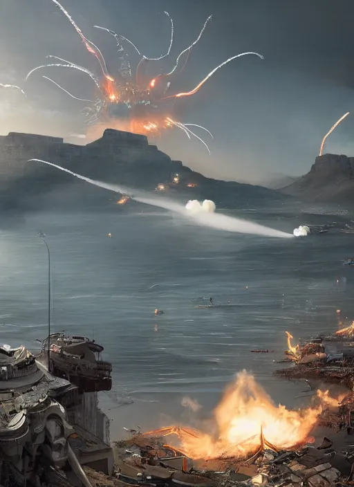 Image similar to hyper realistic squid robot attacking cape town city, table mountain explosions, atmospheric beautiful details, strong composition painted by kim jung giu weta studio rutkowski, james gurney and greg rutkowski, and lucasfilm