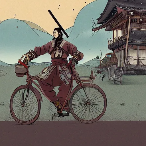 Prompt: japanese samurai riding a bicycle that looks like Borderlands and by Feng Zhu and Loish and Laurie Greasley, Victo Ngai, Andreas Rocha, John Harris