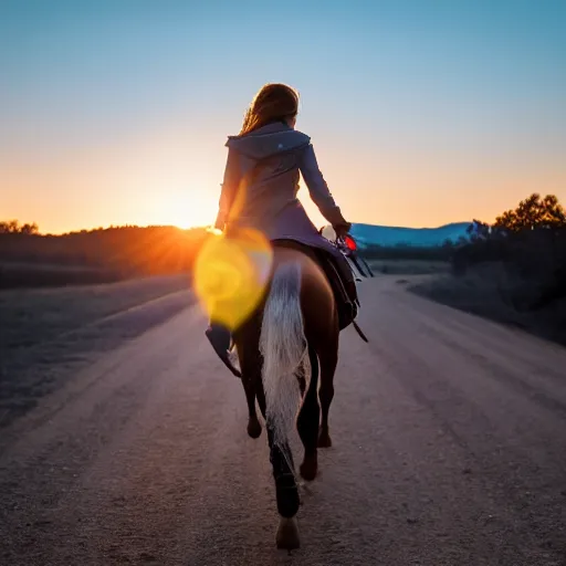 Prompt: Emma Watson riding into the sunset, golden hour, heavenly lighting, XF IQ4, f/1.4, ISO 200, 1/160s, 4K, RAW, unedited, symmetrical balance, in-frame