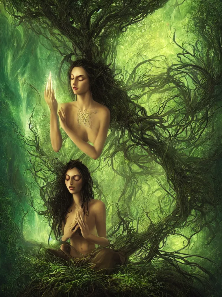 Image similar to an ancient mystical alluring beautiful female witch generating flowing energy and surrounded by wisps of green magic sits meditating in an overgrown garde, by karol bak, 3 d, cinema 4 d render, trending on artstation