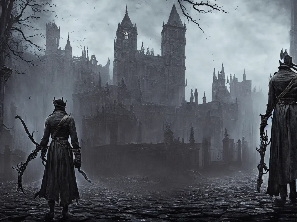 Image similar to bloodborne 2, dark, nighttime, victorian england style, horror, grotesque, serene, haunting, heavy atmosphere, claustrophobic, insanity, High Definition detail, 8K