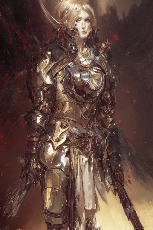 Prompt: portrait full body girl medieval metal armor balanciaga fashion clothe painting by gaston bussiere, greg rutkowski, yoji shinkawa, yoshitaka amano, tsutomu nihei, donato giancola, tim hildebrandt, oil on canvas, trending on artstation, featured on pixiv, cinematic composition, extreme detail