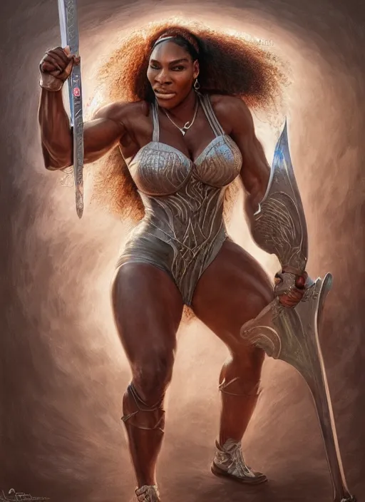 Image similar to serena williams as a ruggedly handsome hero holding an enormous large dual wielding sword, intricate, elegant, highly detailed, centered, digital painting, artstation, concept art, smooth, sharp focus, illustration, artgerm, donato giancola, Joseph Christian Leyendecker, WLOP, Boris Vallejo, Artgerm
