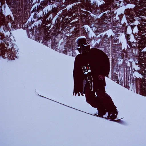 Image similar to photo darth vader snowboarding, cinestill, 800t, 35mm, full-HD