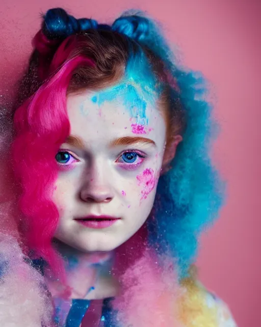 Image similar to a dramatic lighting photo of a beautiful young woman sadie sink with cotton candy hair. paint splashes. with a little bit of cyan and pink