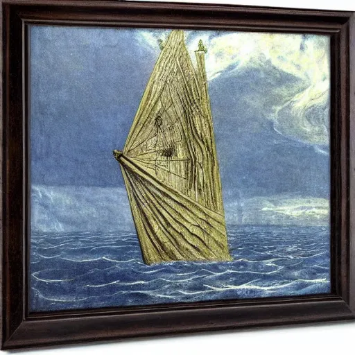 Prompt: old wrinkled witch! levitating over the sea. El Greco, Remedios Varo, Salvador Dali, Carl Gustav Carus, John Atkinson Grimshaw. Blue tint. Symetrical, logo, geometric shapes.