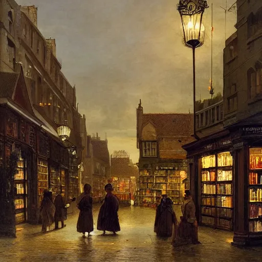 Image similar to Cornelis Springer and Richard Schmid and Willem Koekkoek victorian genre painting painting of an english 19th century english bookshop store front on a stone city streat with shops and stores at night with cozy lights