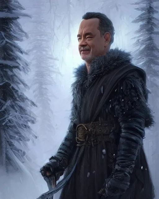 Image similar to epic portrait cinematic shot of a dnd ice wizard tom hanks, fine details. night setting. realistic shaded lighting poster by craig mullism, artgerm, jeremy lipkin and michael garmash, unreal engine, radiant light, detailed and intricate environment, digital art, trending on art station,