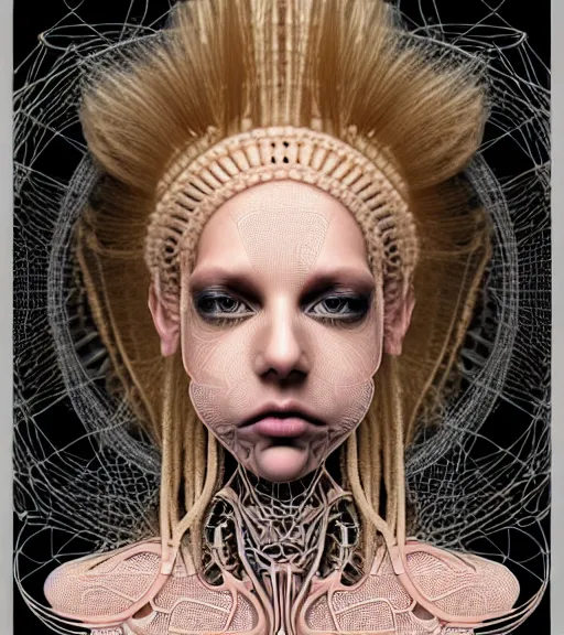 Prompt: photograph of beautiful biomechanical female blonde dreadlocks girl, hyper realistic skin, geometrical octagonal lace tattoos, polyhedral 3 d, roccoco futuristic android jones style steampunk, trippy lsd hippie, craftsmanship, intricate, hexagonal mesh wire, mandelbrot fractal spiral mandala alexander mcqueen, alex grey, giger, hyperreal, photorealistic