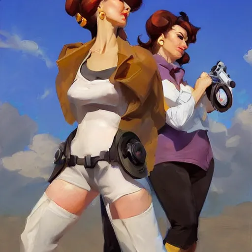 Image similar to greg manchess painting of two old ladies overwatch character, medium shot, asymmetrical, profile picture, organic painting, sunny day, matte painting, bold shapes, hard edges, street art, trending on artstation, by huang guangjian and gil elvgren and sachin teng