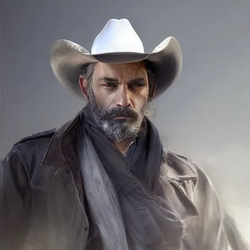 Prompt: portrait of a man with a long duster, almost grey hair and a cowboy hat, harsh good looking face, drawn by Ruan Jia, fantasy art, dramatic lighting, digital art,highly detailed