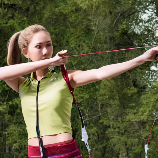 Prompt: photo realistic, a attractive sports woman in archery, pointing his bow, uhd 8 k, highly detailed