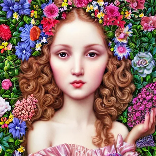 Prompt: a 3 d realistic image of a stunning women surrounded by lush flowers looking at the camera mark ryden, baroque, art nouveau, pop 3 d 8 k ultra detailed