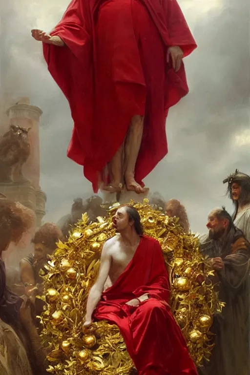 Image similar to beautiful oil painting, steve buscemi in royal crimson robes enthroned as the god emperor of ancient rome a golden wreath upon his head, by anders zorn, wonderful masterpiece by greg rutkowski, beautiful cinematic light, american romanticism, by thomas lawrence, greg rutkowski