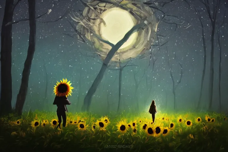 Image similar to giant sunflower head, girl walking in a moonlit forest, hills, surreal photography, dark night, star trails, dramatic light, impressionist painting, clouds, digital painting, artstation, simon stalenhag